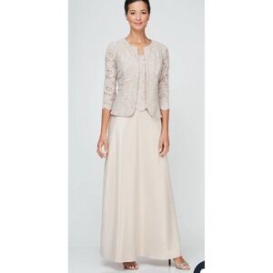 Alex Evenings Glitter Lace‎ & Satin Jacket Dress with Open Jacket Size 8 Wedding